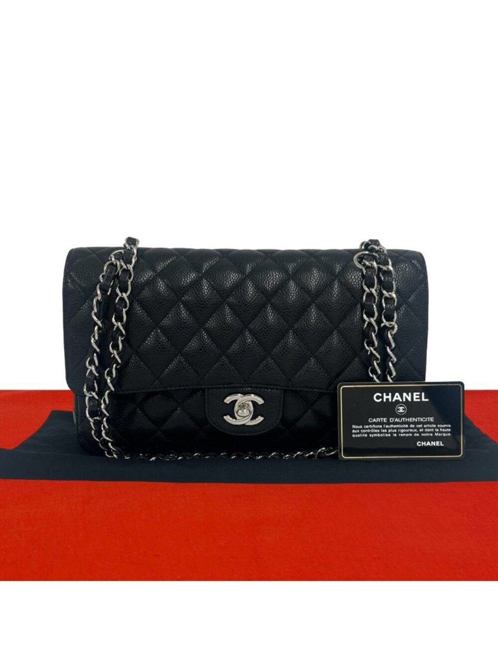 Chanel Quilted Double Flap Caviar Leather 2-Way Shoulder Bag Black